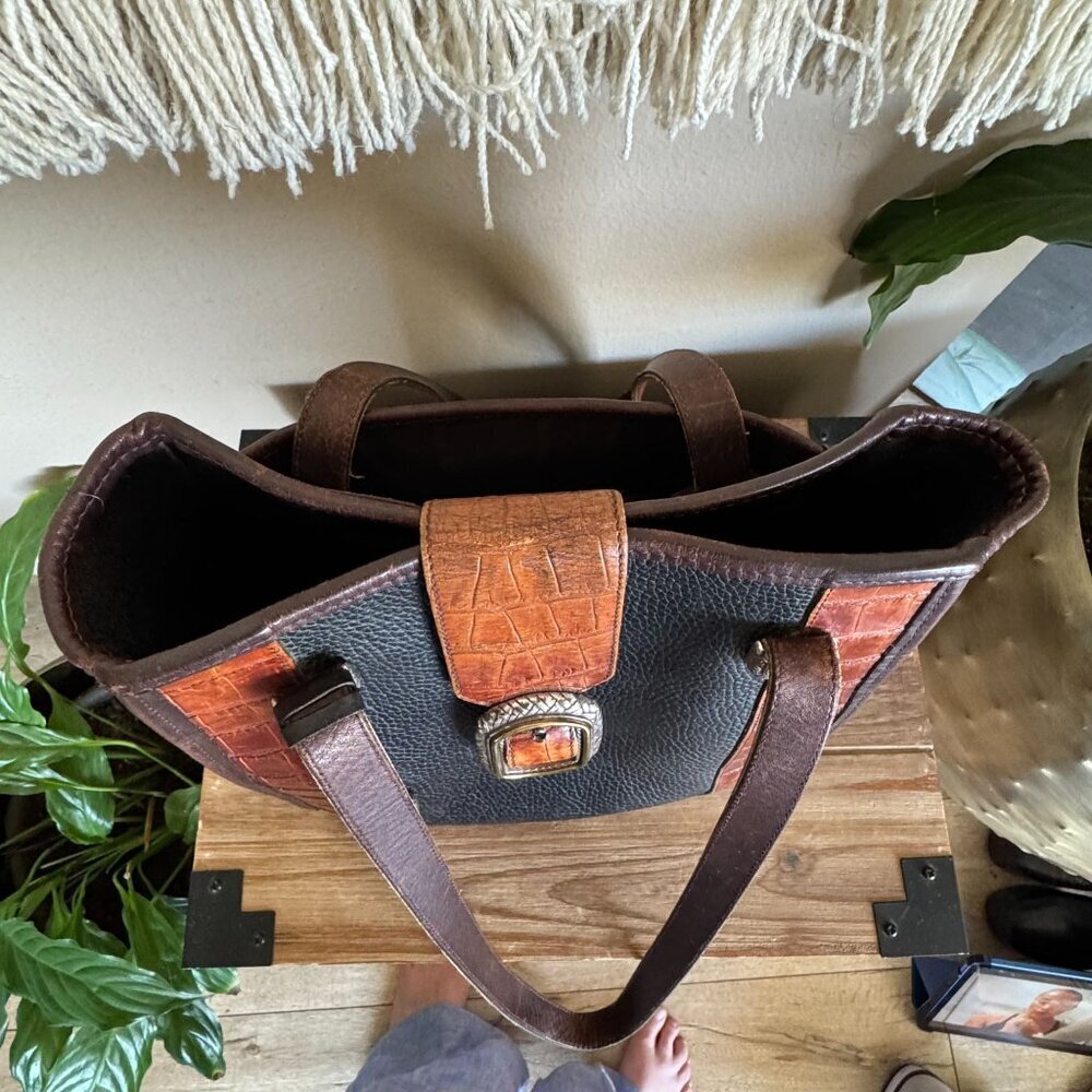 Vintage Brighton Black Brown Croc Embossed Structured Double Strap Shoulder Bag - Picture 12 of 16